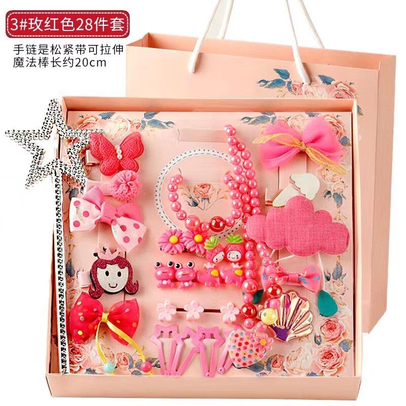 28 Stks/set Kids Hoofddeksels Set Baby Meisje Haarspelden Boog Haar Accessoires Met Doos Leuke Baby Hoofdband Haar Clips Verjaardag: 3Rose Red
