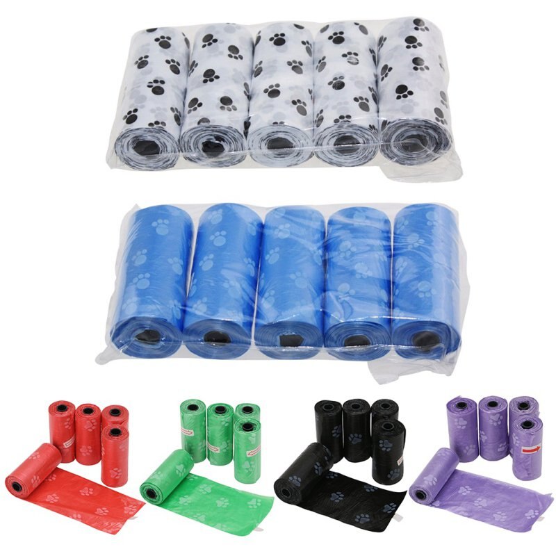 Pet Dog Poop Bag Pets Waste Garbage Bags Biodegradable Dog Pooper Bags Paw Doggy Litter Poop Bag Dispenser 5Rolls 75pcs