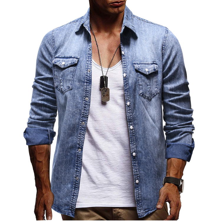 Camisa de mezclilla a rayas vestido de algodón de manga larga Jeans camisas de hombre blusa de hombre gris azul nueva llegada: Blue / XXXL