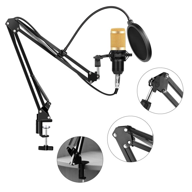 Travor BM800 Condenser Audio 3.5mm Wired Microphone Studio Microphone For Radio Braodcasting Singing Mic Holder: Gold