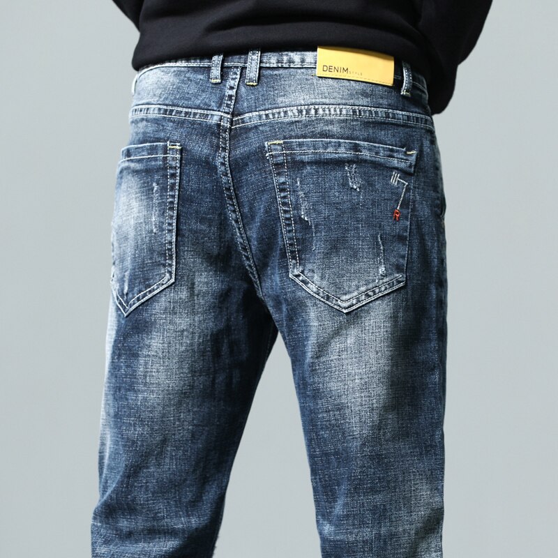 Pantalones vaqueros de motorista para hombre, Jeans elásticos de color azul oscuro, ajustados, rasgados, ropa de calle desgastada, pantalones de mezclilla informales Retro, pantalones de hip hop para hombre