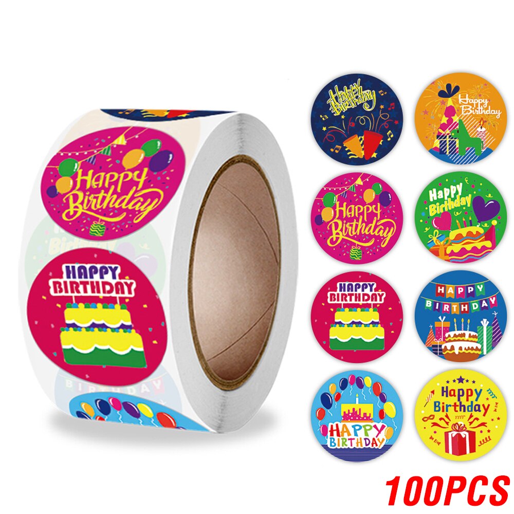 Pegatinas de feliz cumpleaños para niños, 100-500 piezas, 2,5 cm/1 pulgada, decoraciones de sellado, etiquetas para tarjetas de felicitación