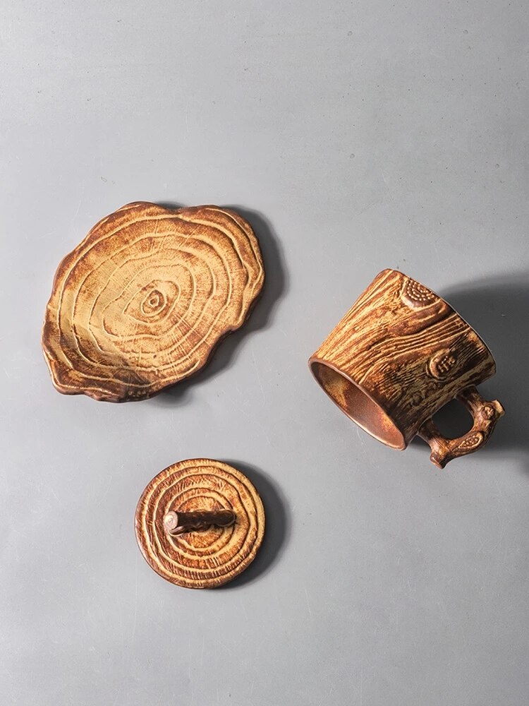 Handmade stoneware coffee mugs cup household coffee mugs with handles retro art garland cup Japanese tree stump-shape