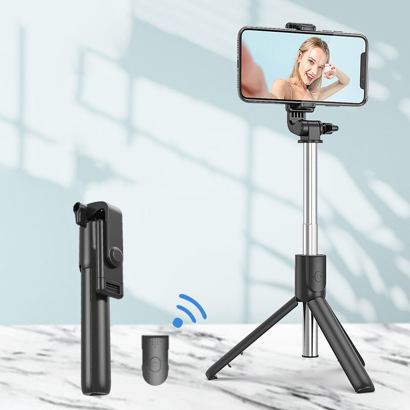 Wireless bluetooth selfie stick foldable mini tripod with fill light shutter remote control for IOS Android Smart phone: R1-Black