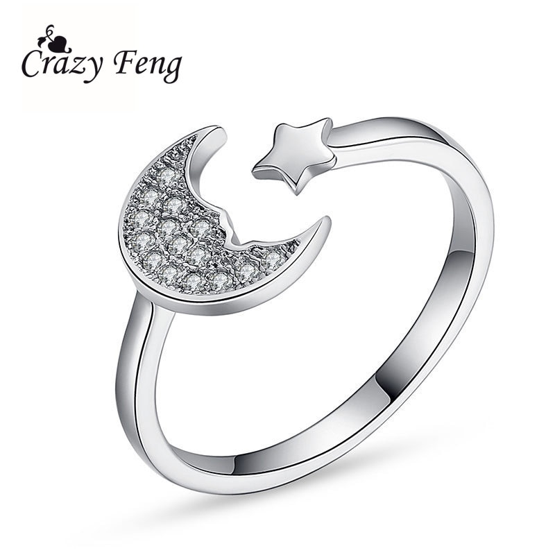Crazy Feng-Anillos ajustables con forma de Luna y estrella plateada, bisutería de lujo de cristal para compromiso de boda, para amantes