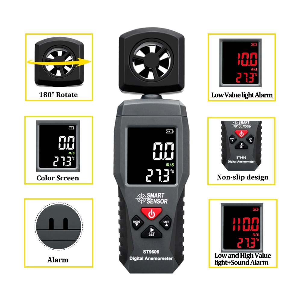 Digitale Draagbare Lcd Anemometer Thermometer Windsnelheid Meten Meter Luchtsnelheid Gauge 4 Bereik Hoge Lage Alarm ST9606