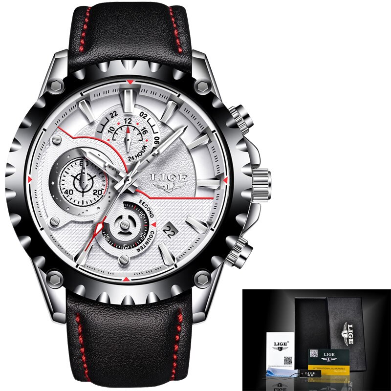 Mannen Horloge Top Luik Luxe Quartz Horloge Mannen Sport Chronograaf Roestvrij Staal Waterdicht Heren Horloge Relogio Masculino: leather white