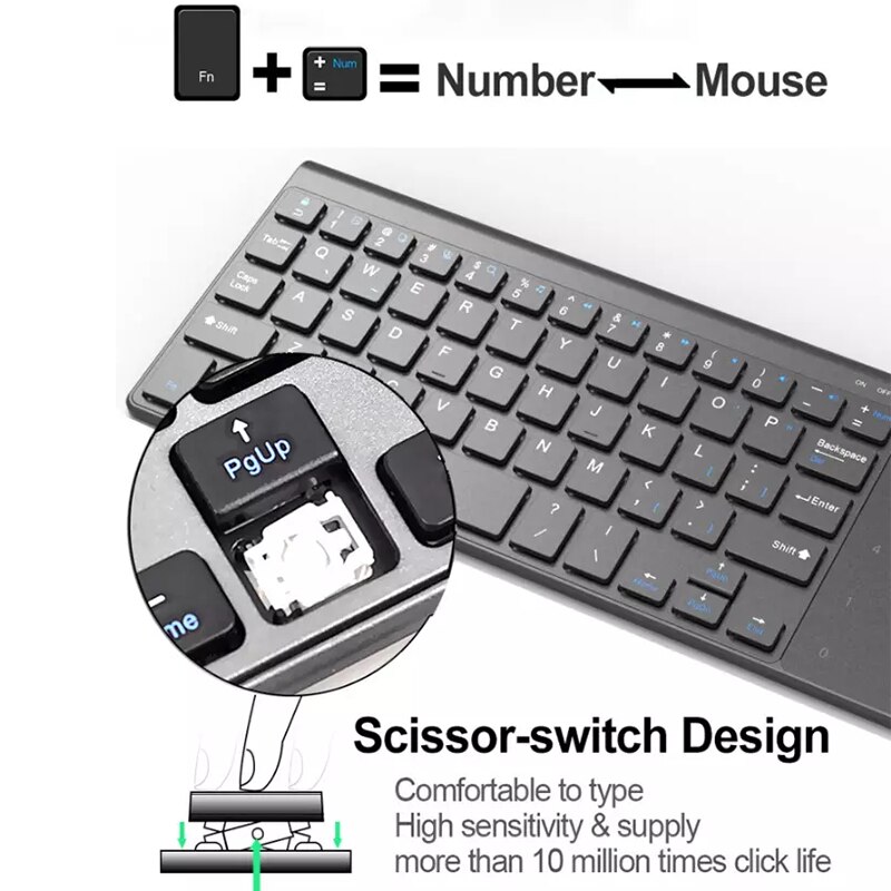 Wireless Keyboard with Touchpad, WisFox 2.4G Slim Ergonomic Wireless Keyboard with Easy Media Control and Built-in Touch Pad PC