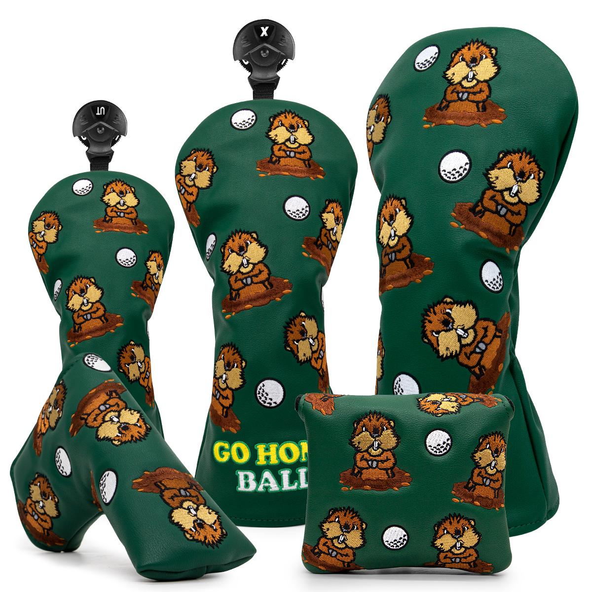 Green Leather Groundhog Golf Driver Fairway Wood Hybrid/UT Headcover Club Head Cover Embroidery