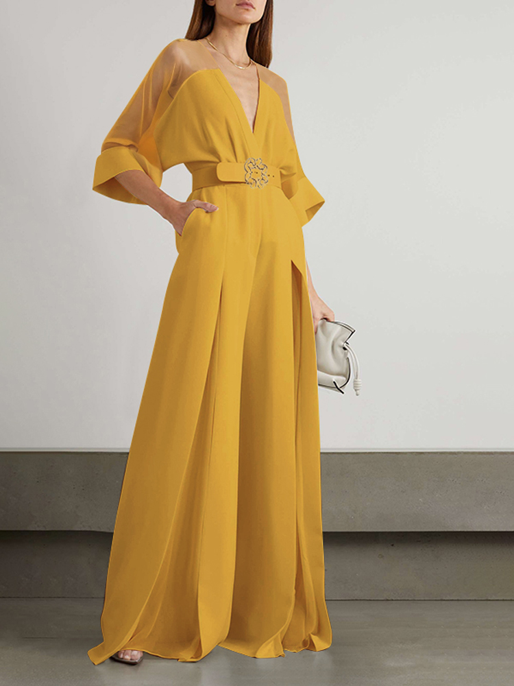 Gymystars gul jumpsuit kvinna lyxiga v-ringade jumpsuits knuten midja hög midja vida ben byxor: M / Gul