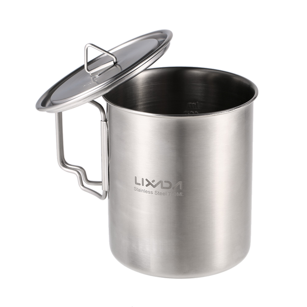 750ml Edelstahl draussen Camping Topf Hängen Topf Tasse Camping Wasser Becher Tasse mit Deckel und Faltbare Griff Außen kochen Picknick