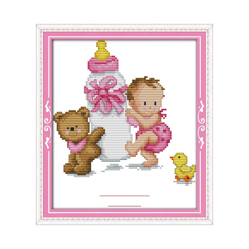 Cute Cartoon Pattern Baby Bottle Baby Birth Instructions Blue Pink Cross Stitch Kits Embroidery Painting Baby Bedroom Decoration