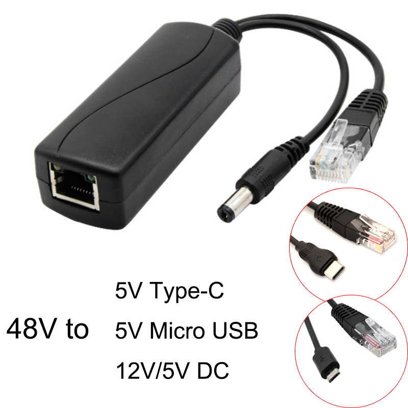 Divisor PoE de 48V a 5V/12V, 5v POE, Micro USB tpye-C, fuente de alimentación CC sobre Ethernet, divisor POE activo tpye-C para Raspberry Pi