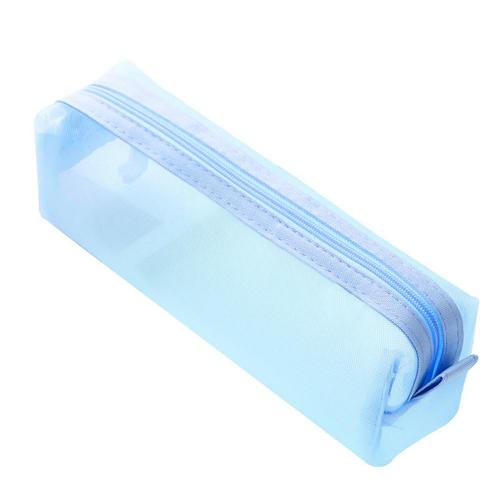 Solid Color Pencil Case Zipper Transparent Mesh Pencil Case Pen Storage Bag Student material escolar пенал школьный: sky blue