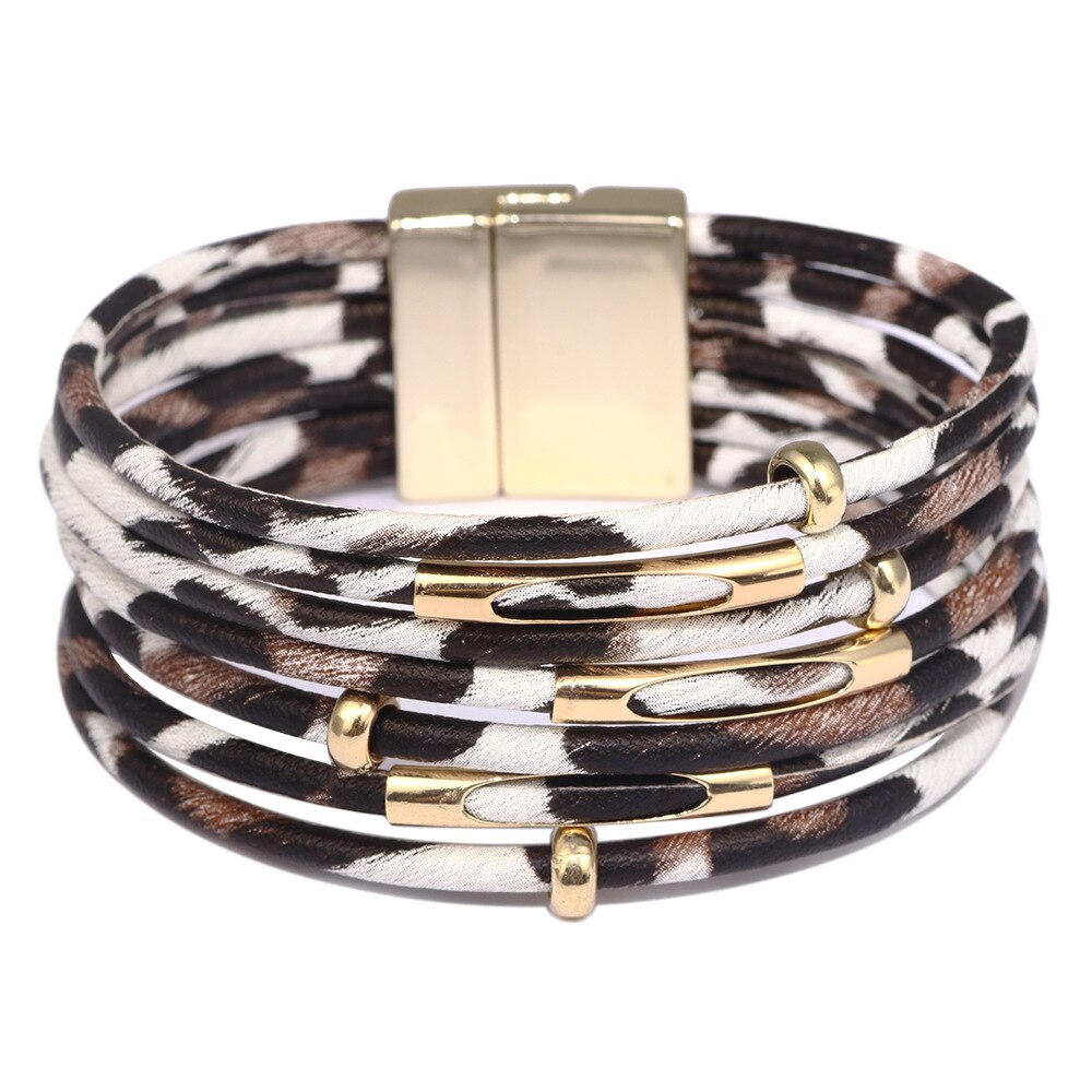 Multilayer Magneet Mode Luipaard Trendy Lederen Armbanden Vrouwen Mode Meisje Manchet Armband Vrouwelijke Sieraden geometrische: white