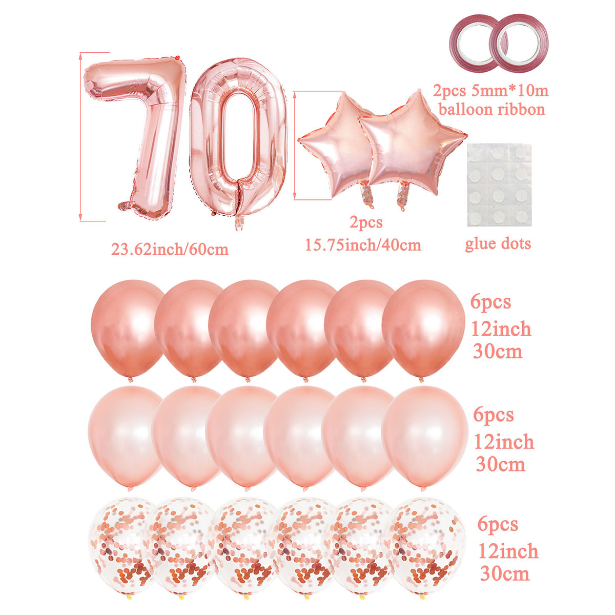 Juego de globos mixtos de oro rosa de 25 piezas, decoraciones para de 70 cumpleaños, decoración para de cumpleaños de mujer de 70 años
