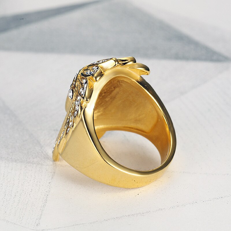Mikro brolagte rhinsten ice out bling indianere chief ring titanium rustfrit stål guldringe til mænd hip hop rapper smykker