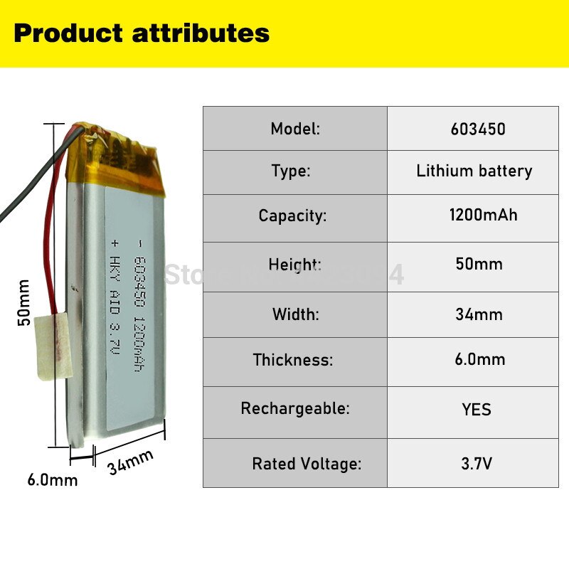 Batería LiPo de polímero de litio de 3,7 V, 1200mAh, 603450, 3 cables para GPS, PSP, DVD, almohadilla móvil para videojuegos, libros electrónicos, tableta PC