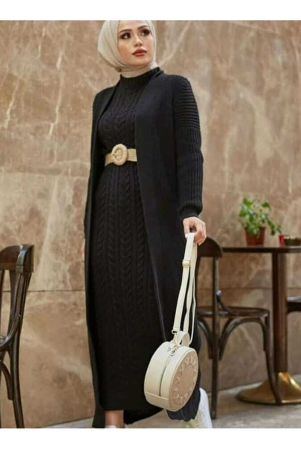 Gabardina larga tipo Cárdigan para mujer, ropa árabe de Muslilm, vestido largo, de Dubái en inglés, 2 uds.: BLACK