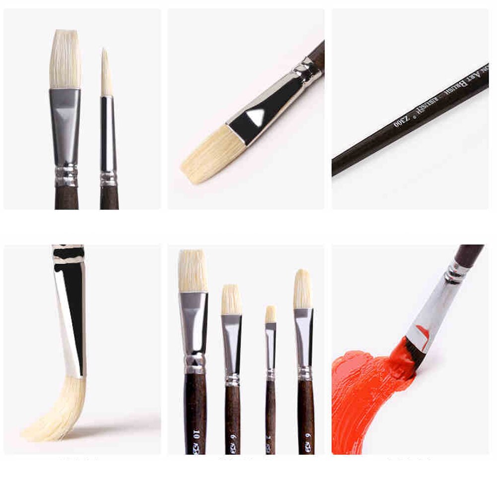 10pcs Art Wooden Handle Paint Brush Set Painter Artist Painting Acrylic Oil For Canvas Flat Head Mixed Sable