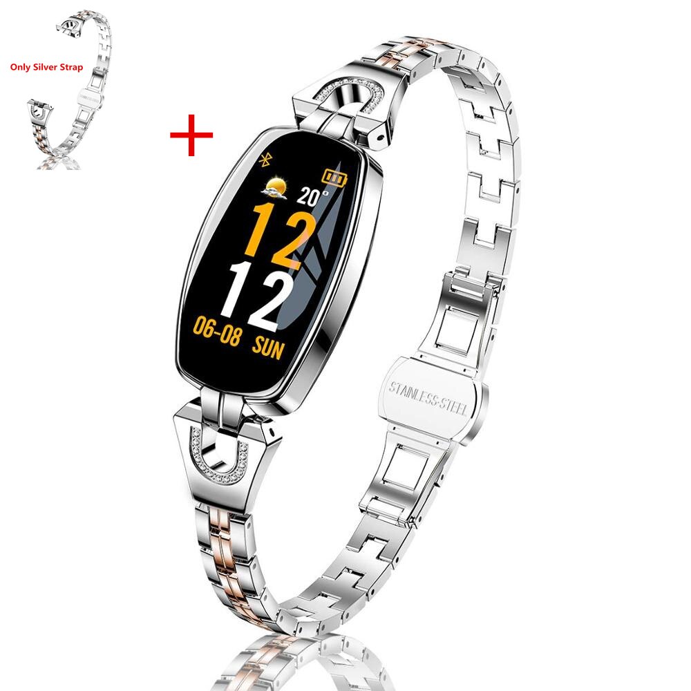 H8 Smart Vigilanza Delle Donne Della Signora Orologio Pressione Sanguigna Monitor di Frequenza Cardiaca Fitness Tracker Intelligente Braccialetto IP67 Impermeabile Smartwatches: SL add silver strap