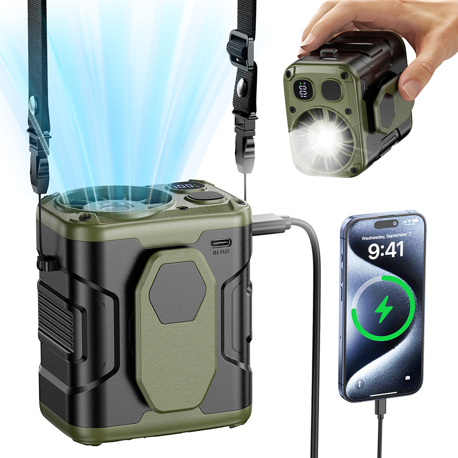Ventilador de cintura portátil de 10000mAh con banco de energía, iluminación LED, ventilador de cuello colgante, ventilador de refrigeración de flujo de aire fuerte de 5 velocidades para trabajo al aire libre