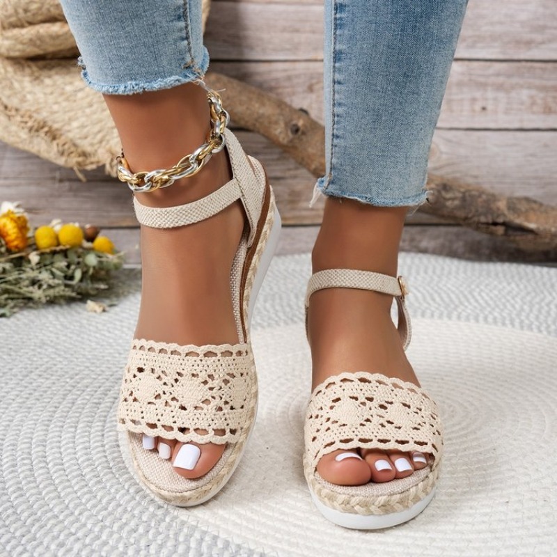 Sandale Espadrilles unter geschlossener Zehenpartie Esparto-Knöchelarmband mit Schnalle-Textil-Spitzendetail Frau Keilabsatz aus Esparto und Plateau