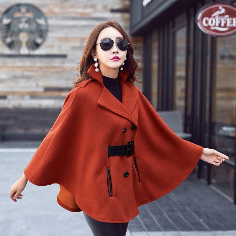 Fall Winter Woolen Shawl Cape Poncho Coat With belt Women Korean Long Sleeve Plus Size Ladies Woolen Cape Coats