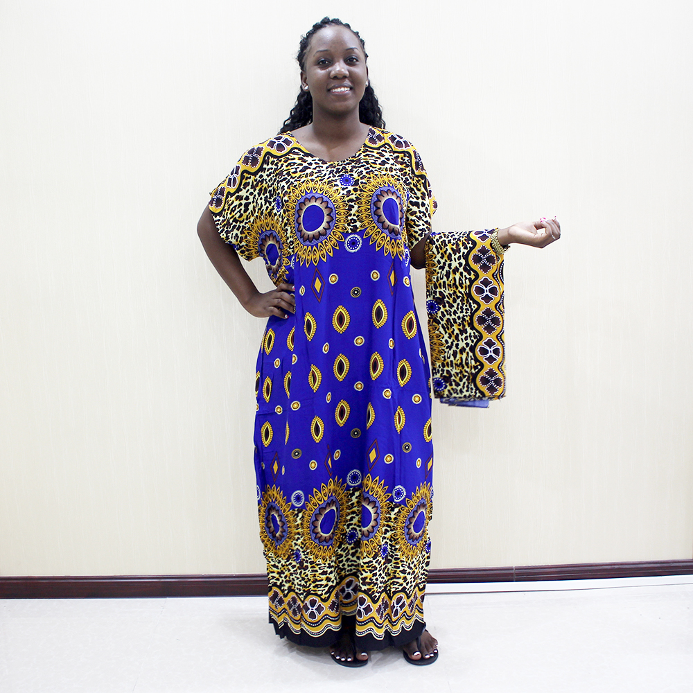 Plus størrelse leopard print bomuld afslappet lang kjole kvinder efterår rund hals afrikanske dashiki tøj med tørklæde: Blå