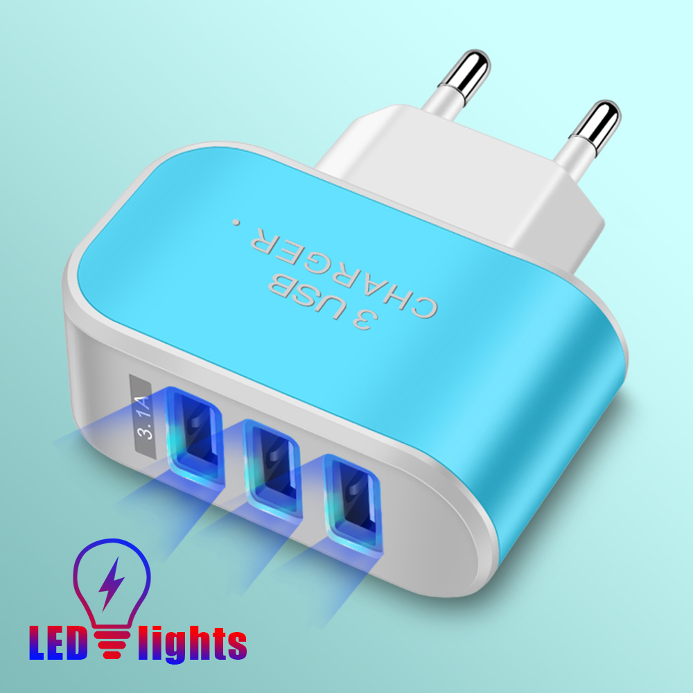 Universal 3 USB Ports Wall Charger 5V 1A Wall Charging Head Mobile Phone Adapter for Smartphones Travel LED Light EU US Plug