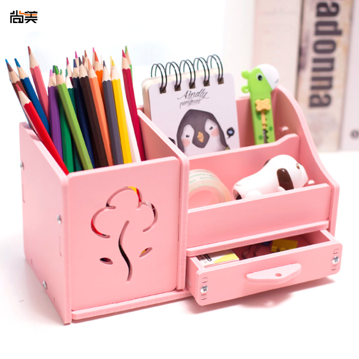 Multi-function 4 Grid Desktop Pen Holder Office School Stationery Storage Case Wood Box Desk Pen Pencil Organizer Phone Holder: Pink flower