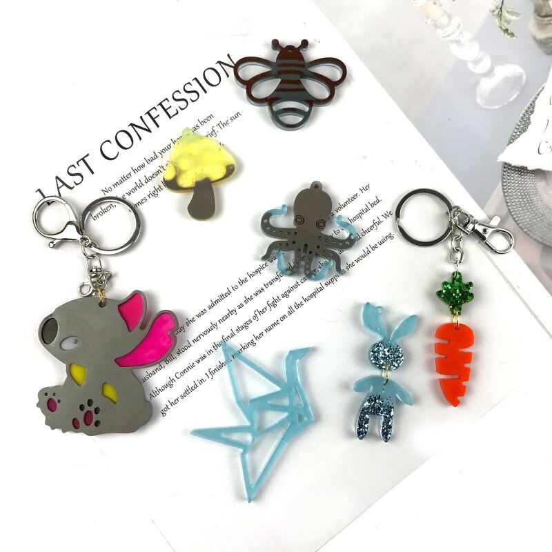 Easter Keychain Epoxy Resin Mold Rabbit Carrot Mushroom Bee Octopus Pendant Silicone Mould DIY Crafts Jewelry Casting Tools