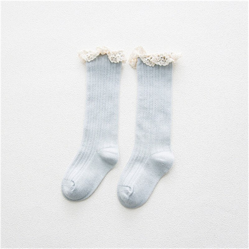 Calcetines hasta la rodilla con volantes de encaje para niños y niñas, medias largas y suaves de algodón, calentadores de piernas de 1 a 8 años, novedad: Blue / 1-3Years(S)