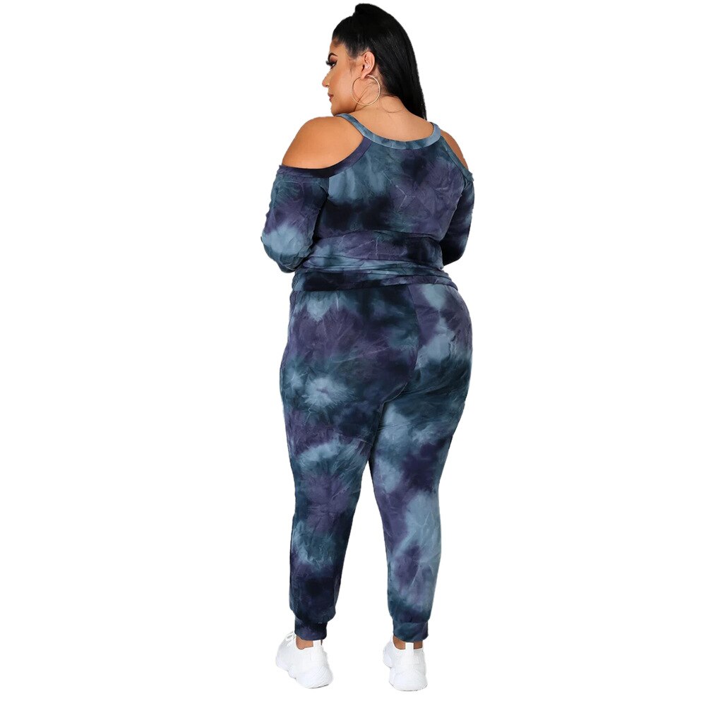 Dames blauw groot casual sportpak met off-shoulder tie dye sportkleding voor dames, maat 5xl