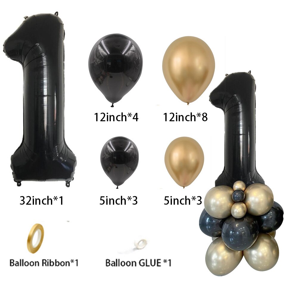 Gold Black Balloons Tower set 1-9 Black Number Foil Balloon for Men's 30 40 50 60 Happy Birthday Party Decorations DIY Crafts