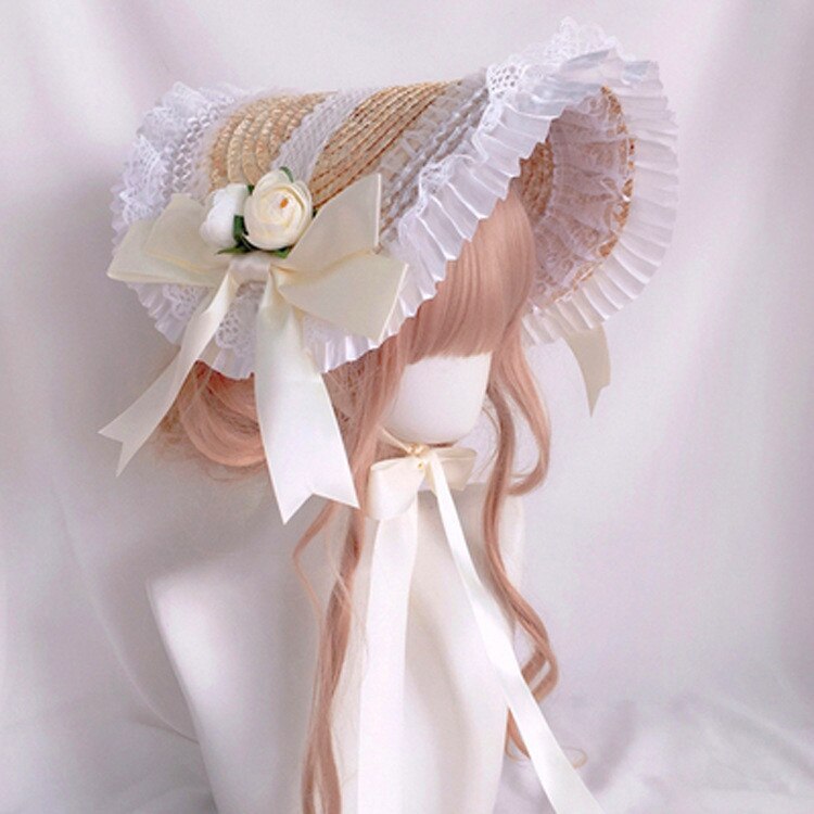 Chapeau de paille Lolita pastorale, fait à la main, doux, dentelle à volants, ruban de coupe, , fête de thé, Cosplay Floral, béret Lolita: A-5
