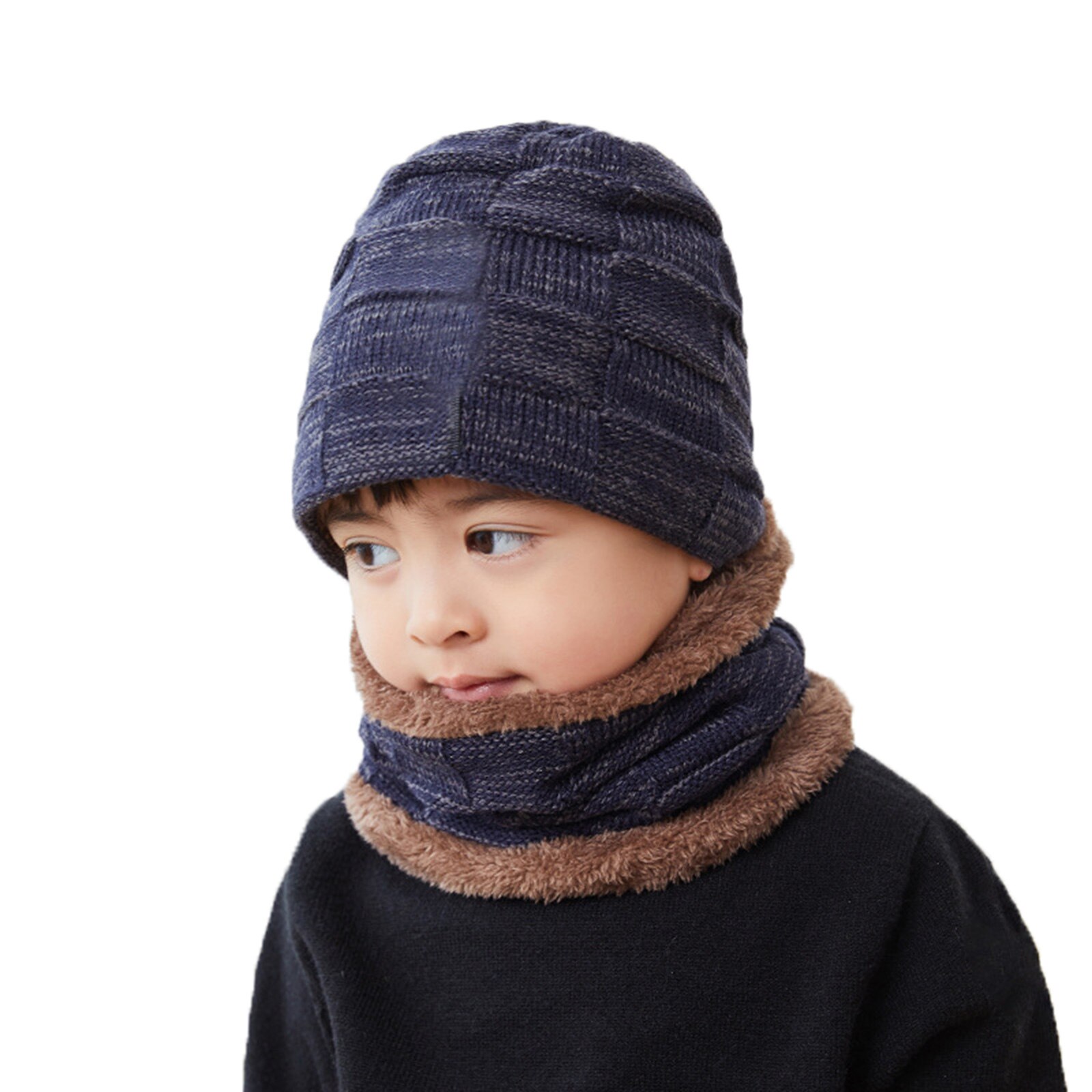 Winter Beanie Hat Scarf Set Thick Fleece Lined Warm Knit Ski Hats for Men Boy &T8: Navy Blue Children