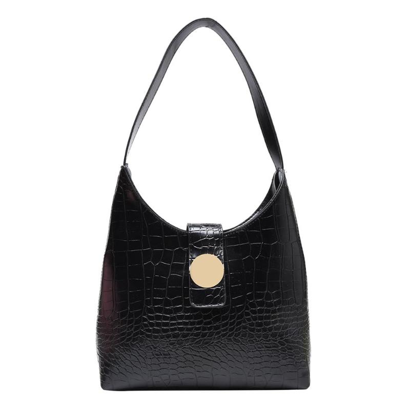 Women Retro Crocodile PU Leather Handbags Solid Color Shoulder Bag Simple Shopping Totes: Black