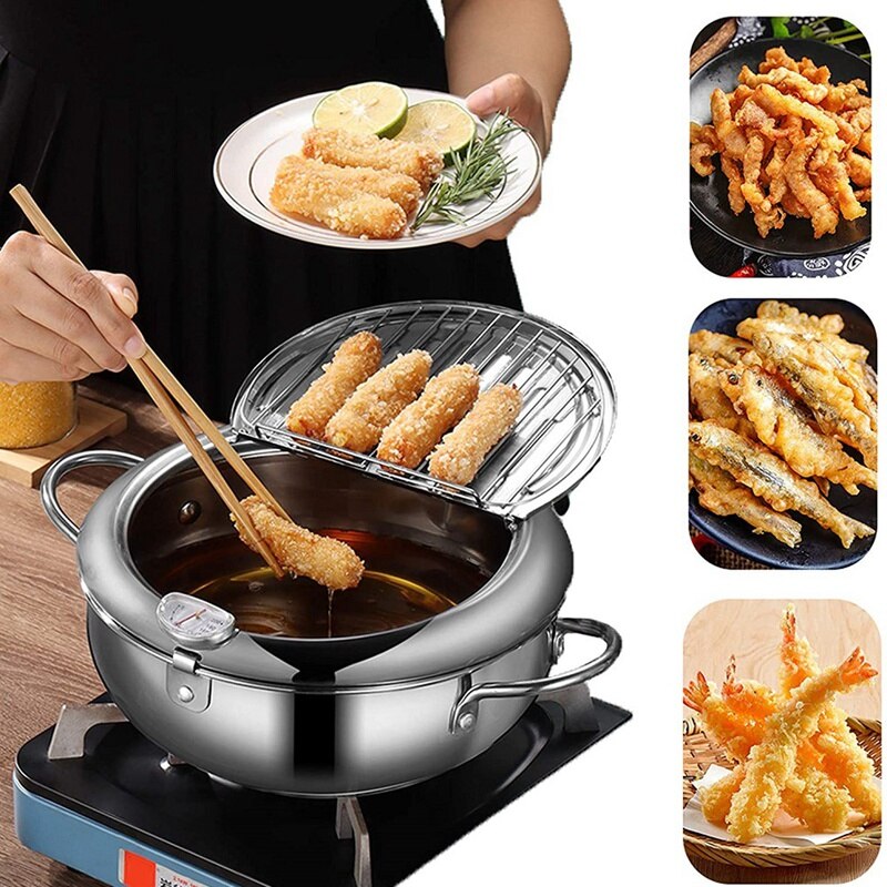 Frying Pans 304 Stainless Steel Pot Japanese Deep Fryer Kitchen Deep Frying Pot Temperature Control Without Oil Cookware