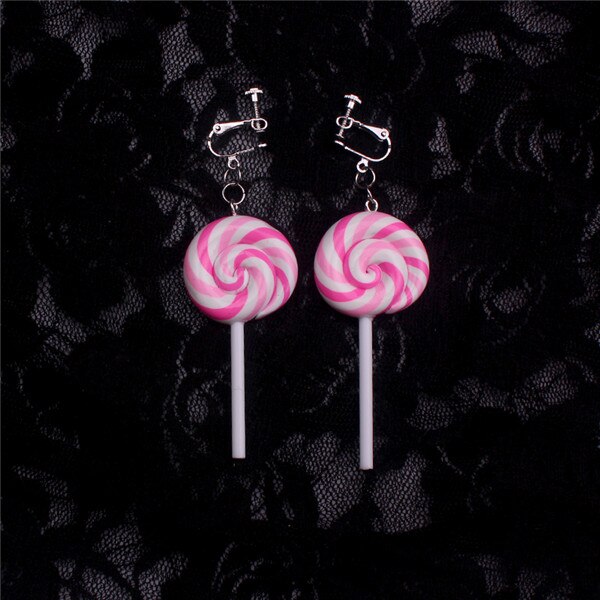 cute lollipop clip on earrings women novelty childhood sucker sugarplum sweetmeat clip earring without piercing: pink