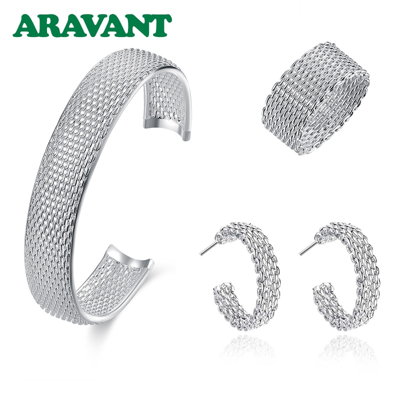 925 argent bijoux ensembles cercle tressé maille anneaux boucles d'oreilles bracelet pour les femmes mariée bijoux de mariage