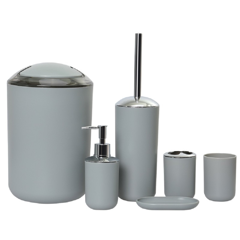 6 stk badeværelse tilbehør sæt tandbørsteholder kop sæbe dispenser fad toilet børste skraldespand plast tumbler kop vaskerum værktøj