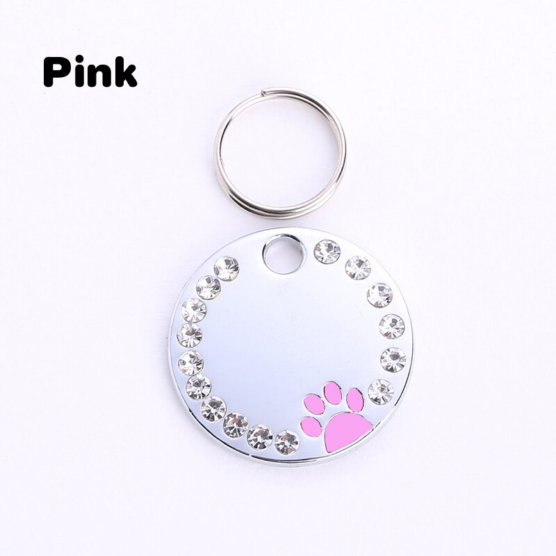 Collier en forme de patte pour chien et chat, porte-clés avec identification, chaîne en métal strass, pendentif gravé avec nom: pink