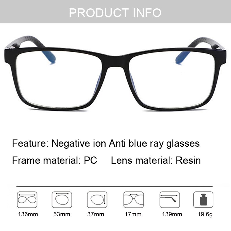 Blue Light Blocking Computer Glasses Square Eyeglasses Frame Anti Eye Strain Headache Computer Glasses UV400 Negative Oxygen Ion