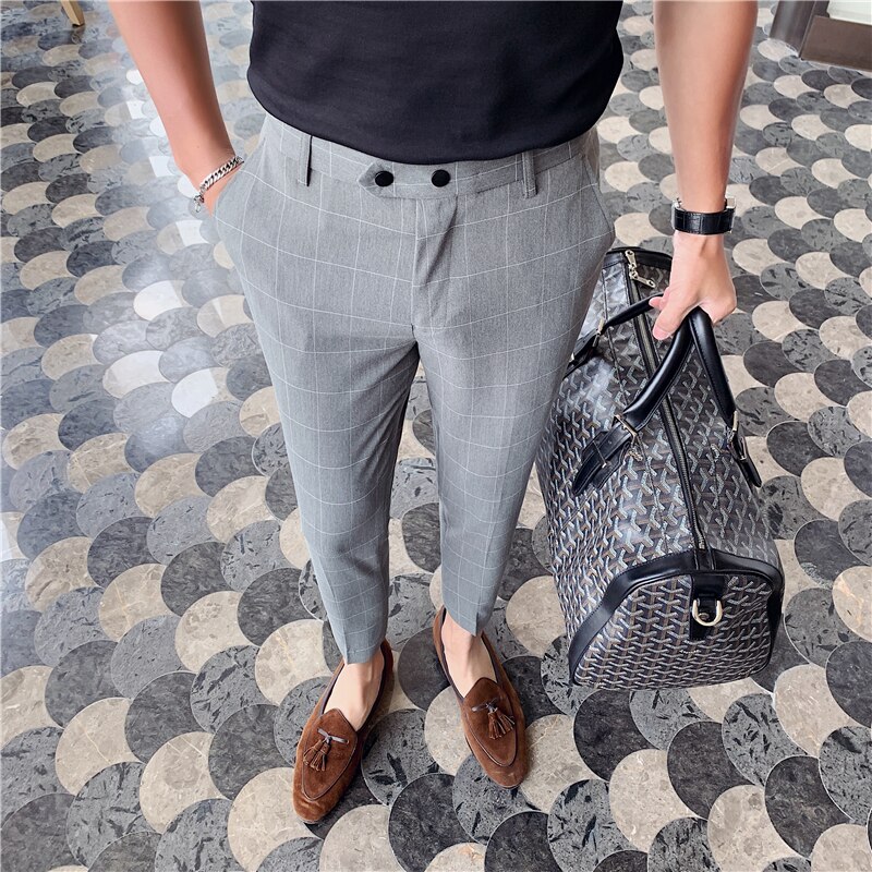 Pantalon Costume Spring Summer Plaid Casual Dress Ankle Pants Men's Social Trousers British Style Ankle-length Mens Dress Pants