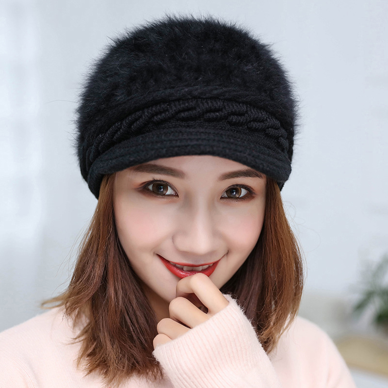 Women Warm Fleece Inside Twist Crochet Knitted Visors Cap Autumn Winter Brim Wool Hat Solid Color Soft Beanie Female: Black