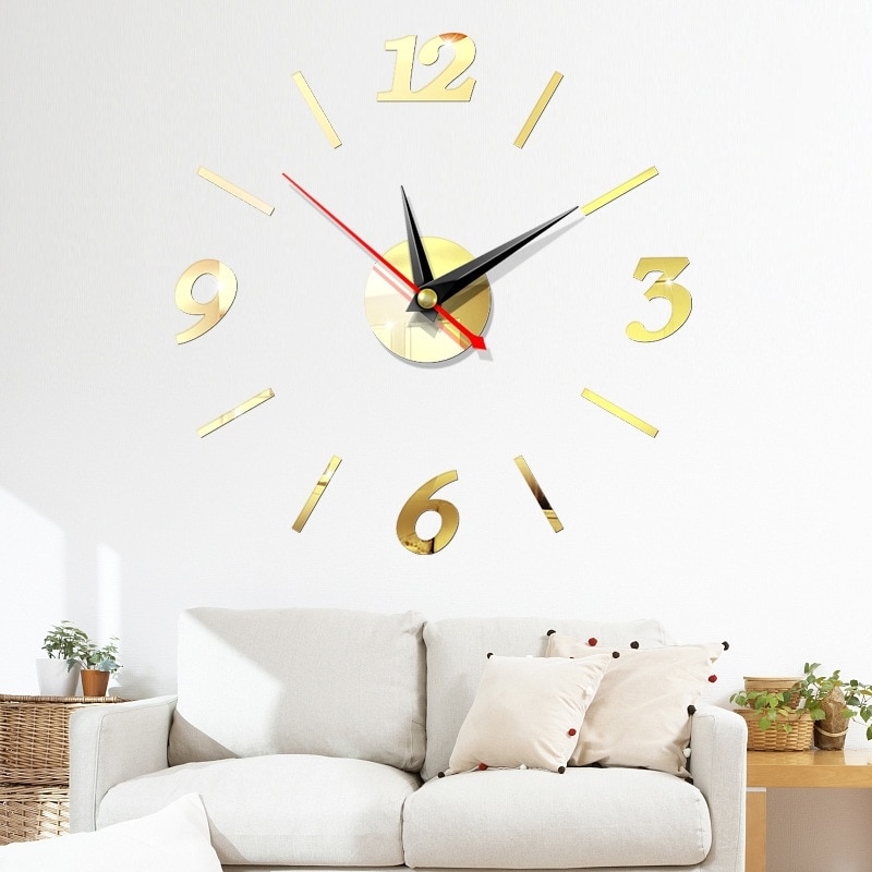 Reloj de pared 3D DIY, decoraciones de pared de cuarzo, adorno de pared de salón, relojes de cocina, espejo acrílico, adhesivos Reloj de pared, decoración del hogar: Light Gold