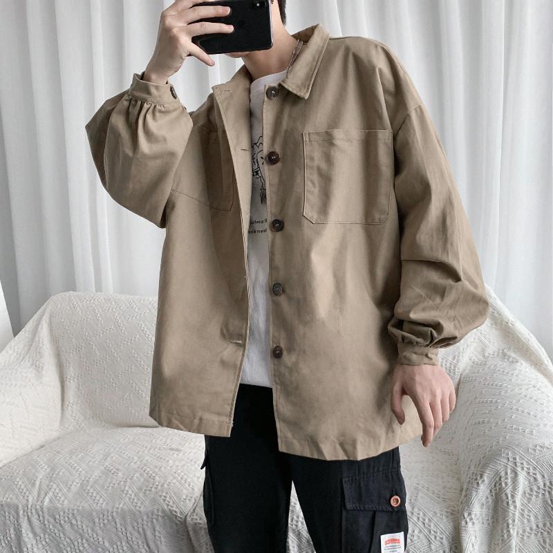 Mænd jakker solid afslappet retro outwear løst simpelt streatwear klassiske all-match chic frakker oversize mandlige jakke vintage: Khaki / L