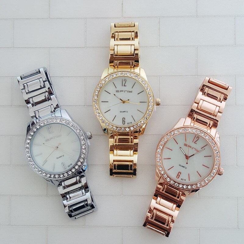 Beste Gouden Armband Horloge Parelmoer Wijzerplaat Horloge, 3 Kleuren Eenvoudige Wijzerplaat Dames SFNY Roestvrij stalen Horloge