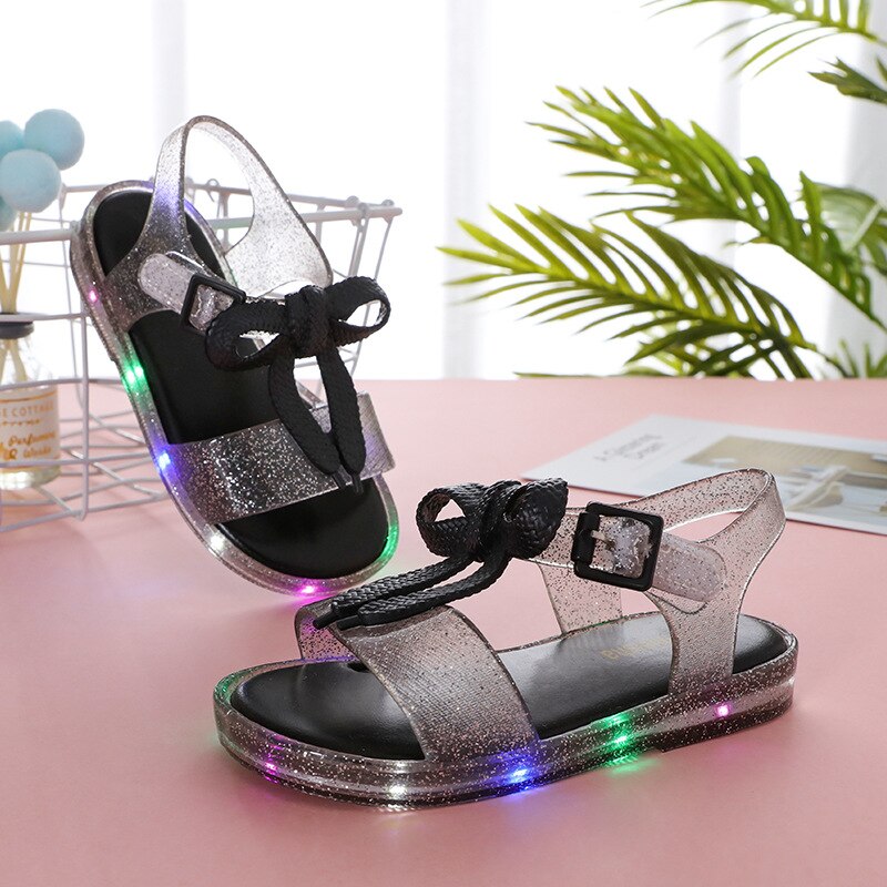 Meisjes sandalen met strik, led-licht sandalen, zomermeisjes gelei lichtgevende schoen, antislip kinderstrandsandalen, peutersandalen, prinsessen: Zwart / 27